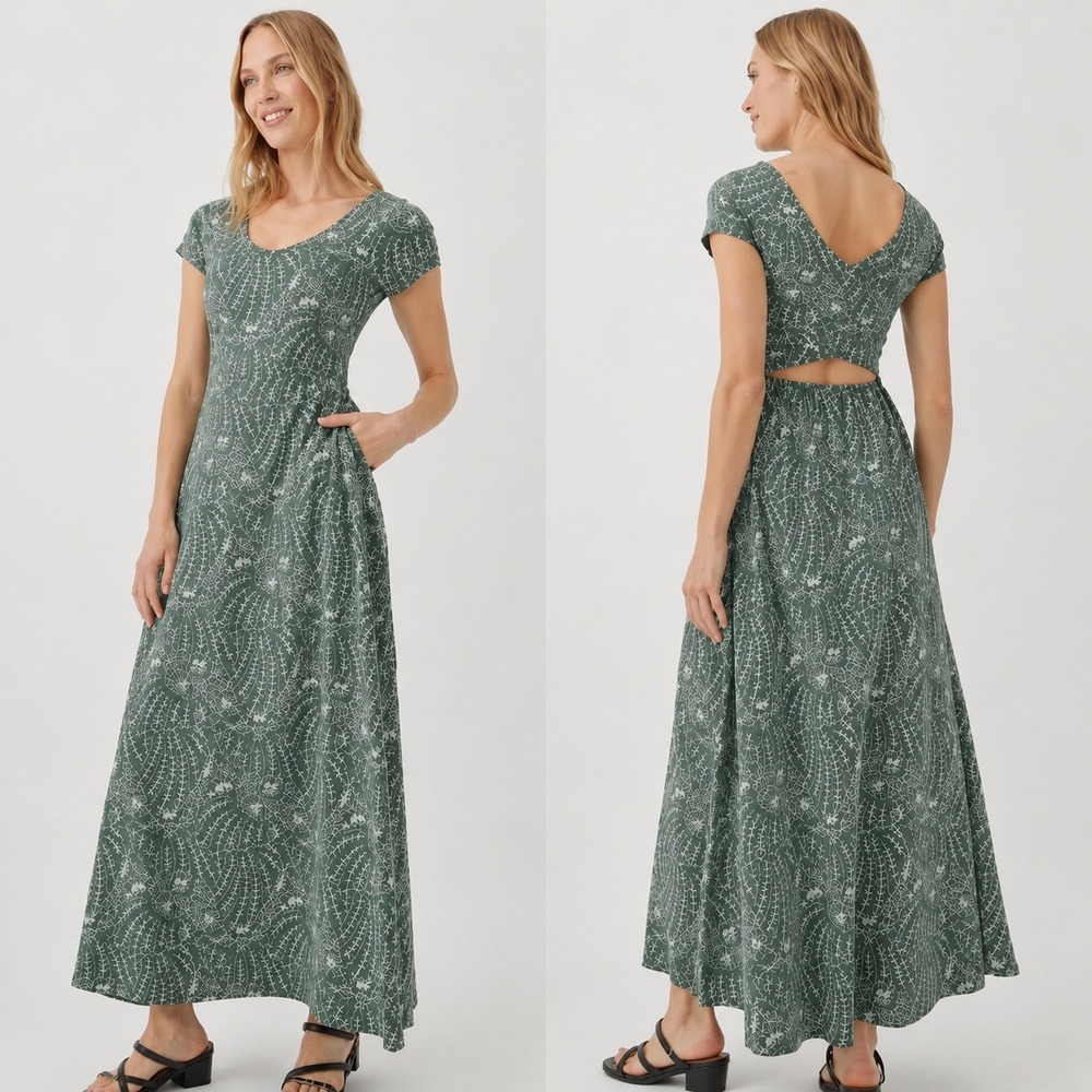 Pact Fit & Flare Maxi Dress Size XL Garden Green Floral Crossback Cottagecore
